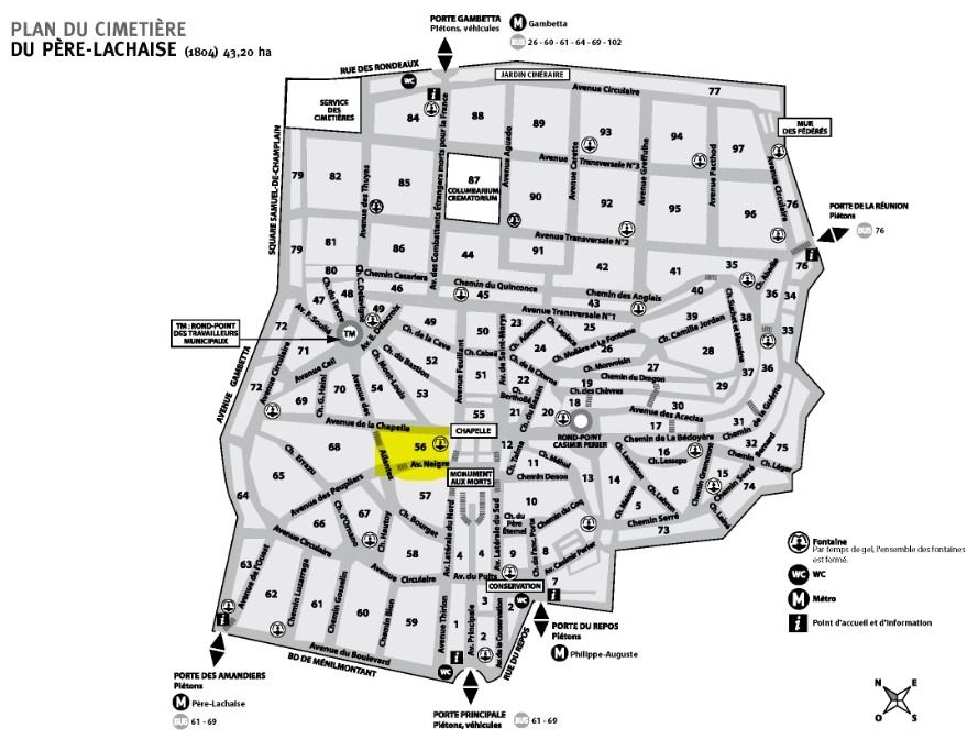 plan actuel du cimetière et emplacement de la division 56, non loin de la chapelleDaniaud-Dupérat 