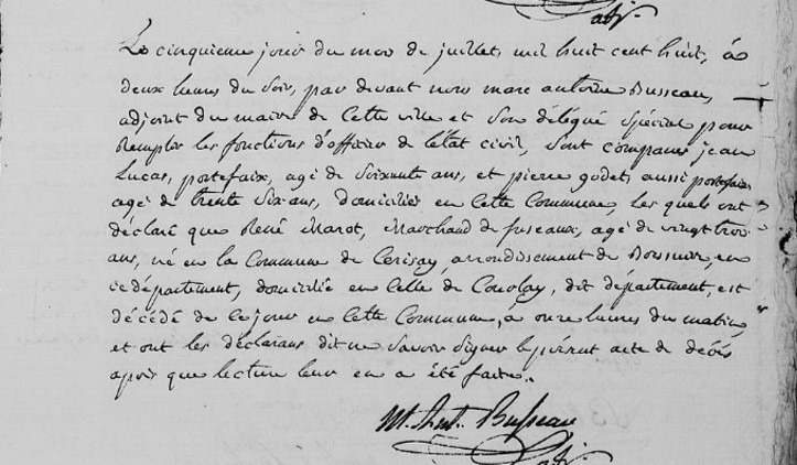 Acte de décès de Marot courlitais exécuté à Niort le 5 juillet 1808