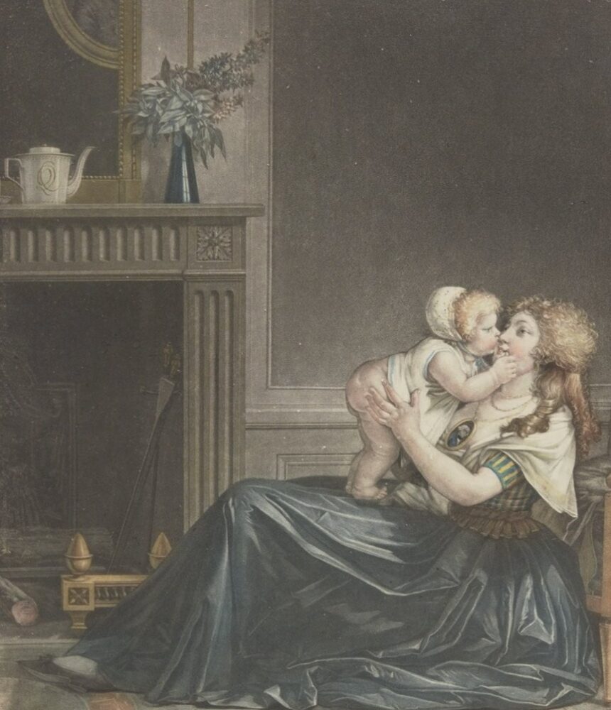 Mère et enfant s’embrassant dans un intérieur (estampe de Debucourt)